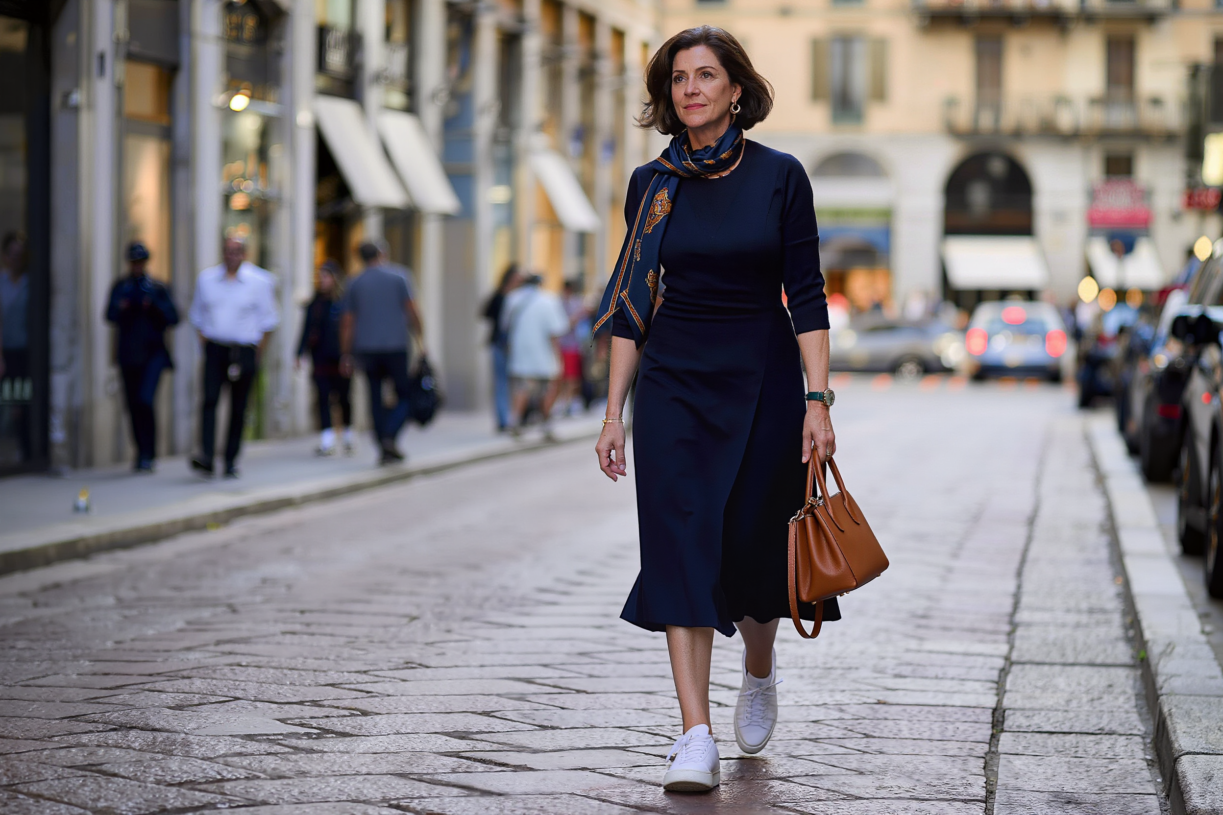 elegantná žena, tmavomodré šaty, biele tenisky